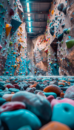 Capture the vibrant hues and intricate textures of an indoor rock climbing gym through a ground-level perspective Showcase the array of colorful climbing holds adorning the artificial climbing walls, creating a surreal and inviting atmosphere Highlight the modern equipment and facilities, such as auto-belay systems, that enhance safety and accessibility for climbers of all skill levels AI Generativeの素材