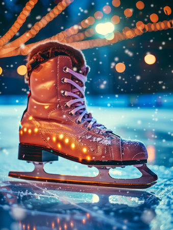Immerse yourself in the enchantment of a festive ice-skating rink, where a solitary skate blade dances under a canopy of twinkling string lights The pristine snow glistens, creating a surreal winter wonderland as the blade glides effortlessly, illuminating the icy surface Capture the magic of this joyous winter celebration in this stunning close-up photograph AI Generativeの素材