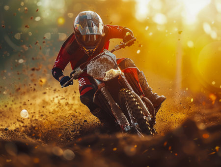 Witness the adrenaline-pumping spectacle of a dirt bike rider conquering a rugged off-road track as the sun dips below the horizon, casting an ethereal golden glow over the scene Amidst billowing dust and challenging terrain, the rider navigates treacherous obstacles with skill and determination, offering a glimpse into the thrilling world of off-road motorcycle racing AI Generativeの素材