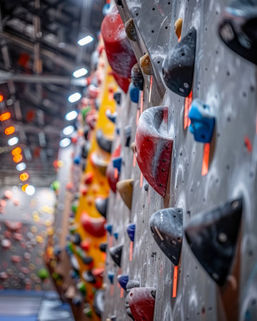 Immerse yourself in an adrenaline-pumping indoor rock climbing haven Boldly colored handholds dance across towering walls, while dynamic lighting illuminates every move Experience the thrill of the climb or the accomplishment of fitness, all within a vibrant and inviting space AI Generativeの素材