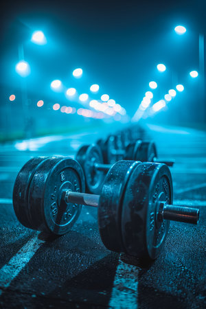 Witness the allure of nighttime urban fitness as damp dumbbells, illuminated by faint blue light, reflect on the wet asphalt of a dimly lit street The evocative fusion of light and water creates an atmospheric setting, captivating the spirit of resilience and determination that pulsates through the heart of the urban fitness movement AI Generativeの素材