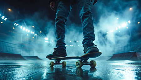 Witness the electrifying fusion of skateboarding prowess and an ethereal ambiance in this breathtaking photograph Amidst the misty embrace of an urban skate park, a lone skater carves through the darkness, illuminated by piercing blue lighting Their dynamic movements are captured with vivid detail, transforming the ordinary into an extraordinary nocturnal spectacle AI Generativeの素材