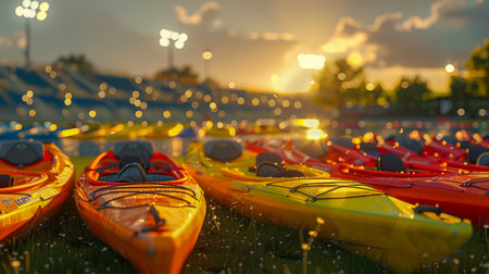 Capture the radiant essence of a summer evening by the lake, where vibrant kayaks dance upon the water&#39;s surface Set against a backdrop of lush greenery, the scene is illuminated by the warm glow of lights, creating a captivating symphony of colors This photograph invites viewers to immerse themselves in the magic of nature and the joy of outdoor adventure AI Generativeの素材