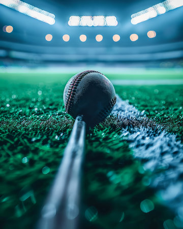 A close-up shot captures the essence of a baseball lying on a field turf The background stadium lights illuminate the scene, evoking the thrill and anticipation of a sporting event The image encapsulates the excitement, passion, and energy that permeate the atmosphere during a baseball game AI Generativeの素材