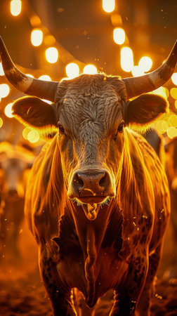 Behold the grandeur of a majestic bull, standing tall in a rustic farm setting Warm lighting bathes the scene, evoking the ambiance of rural life and the essence of agriculture Surrounded by a serene countryside, the bull embodies the livestock spirit, as its muscular form is adorned with the amber glow of sunset This captivating image captures the rustic charm of country living, showcasing the bond between humans and animals in a nostalgic and timeless manner AI Generativeの素材