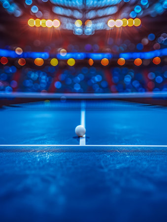 Capture the explosive moment as a ping pong ball hurtles across a vibrant blue table in a bokeh-lit sports arena The focus zeroes in on the precise center line, amplifying the tension and anticipation of the game The dynamic close-up showcases the ball&#39;s intricate spin and the surrounding bursts of colorful bokeh, creating an electrifying image that evokes the thrill and energy of the sport AI Generativeの素材