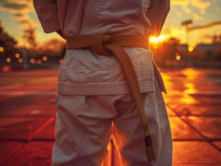 Witness the transformative power of martial arts training as the sun dips below the horizon, casting a golden glow on a dedicated martial artist Dressed in a crisp uniform with a vibrant yellow belt, they stand poised, their gaze focused and their body in perfect alignment The serene outdoor setting provides a tranquil backdrop, where discipline and determination intersect under the dynamic lighting of the golden hour AI Generativeの素材