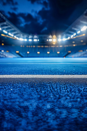Witness the electrifying atmosphere of an evening football stadium Bathed in the glow of brilliant lights, the vibrant blue field illuminates the arena, creating a captivating spectacle The anticipation hangs heavy in the air as sports enthusiasts gather, their cheers reverberating through the night sky, amplifying the excitement of every play AI Generativeの素材