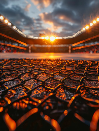 A breathtaking panorama unfolds as the sun descends, casting a golden glow upon the soccer stadium Amidst the vibrant sky and dazzling stadium lights, the chain-link fence in the foreground draws the eye, creating a captivating frame for the energy and excitement of the game This captivating image captures the essence of athleticism and the allure of the beautiful game AI Generativeの素材