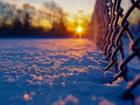 A breathtaking winter sunrise, captured through a snow-covered fence The golden and blue hues of the sky are reflected in the snow, creating a surreal and enchanting scene The crisp, cold air and the stillness of the morning are palpable, inviting you to embrace the beauty of winter AI Generativeの素材