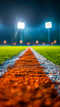 Captivating night-time sports field illuminated by brilliant stadium floodlights, creating a mesmerizing spectacle The vibrant orange and white lines marking the field form geometric patterns, guiding the action and adding a vibrant touch The low-angle perspective emphasizes the towering stature of the floodlights and the vast expanse of the field under a crystal-clear night sky AI Generativeの素材