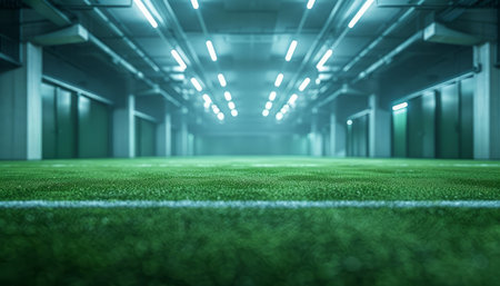 Experience the ultimate indoor sports haven! Our state-of-the-art complex boasts pristine artificial turf, providing a vibrant and durable surface for soccer, football, and more Bathed in modern lighting, the facility ensures optimal visibility and an immersive athletic atmosphere Our meticulously maintained surfaces guarantee a seamless and enjoyable playing experience for all AI Generativeの素材