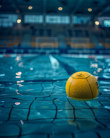 Witness the intensity of a competitive water polo match, captured in this stunning sports photography A vibrant yellow ball floats amidst the azure waters of an indoor stadium pool, symbolizing the relentless pursuit of victory The photo encapsulates the focus, determination, and team spirit that define this exhilarating sport AI Generativeの素材