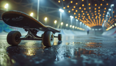 Immerse yourself in the electric glow of a vibrant urban night, where a lone skateboard rests on slick, neon-kissed pavement The shimmering reflections dance beneath the board, creating an ethereal interplay of light and shadow Capture the allure of nighttime adventures, where the city transforms into a playground for urban explorers AI Generativeの素材