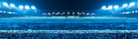 Witness the grandeur of an empty football stadium at night, where towering tiers of seats are bathed in vibrant blue light from the brilliant stadium lights The absence of spectators creates an ethereal ambiance, transforming the vast expanse into a mesmerizing canvas for sports and entertainment events AI Generativeの素材