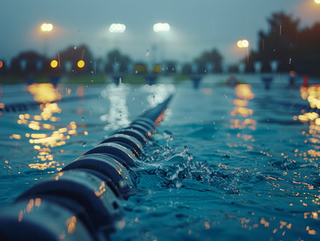 This serene evening swimming pool scene captures the tranquility of a peaceful aquatic moment Under soft floodlights, lane dividers create a mesmerizing pattern on the water&#39;s surface, casting ethereal reflections A gentle splash breaks the silence, adding a touch of movement to the misty atmosphere The focus on the lane dividers draws attention to the structure and order beneath the tranquil facade, creating a captivating and aesthetically pleasing image AI Generativeの素材
