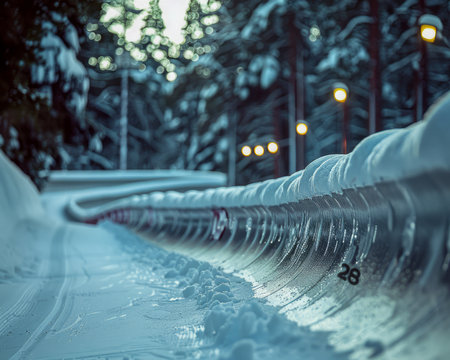 Immerse yourself in a picturesque winter wonderland, where ethereal snowfall blankets the landscape, casting a serene ambiance A winding pathway, adorned with twinkling lights, illuminates the snowy forest, guiding you through its enchanting depths The tranquil beauty of winter is highlighted in this captivating image, contrasting the purity of snow with the warmth of festive illuminations AI Generativeの素材