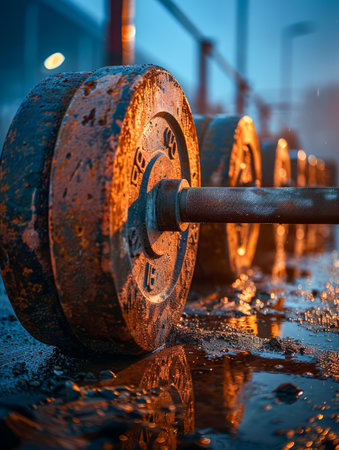 Aged iron weight plates endure the elements, bearing witness to the unwavering dedication of fitness enthusiasts who gather under the fading light The worn metal, a silent testament to relentless effort, inspires strength and determination, capturing the essence of the indomitable spirit that drives these individuals to defy the odds AI Generativeの素材