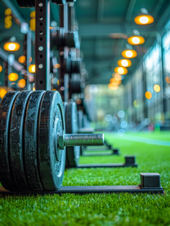 In this dynamic high-intensity workout zone, heavy weights and advanced equipment stand ready on a vibrant green artificial turf floor The modern gym's sleek ambiance is energized by the vibrant turf, creating an inspiring space for pushing limits and achieving fitness goals AI Generativeの素材