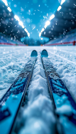 Witness the electrifying spectacle as skiers carve their way down a snow-kissed slope, illuminated by the vibrant glow of the stadium lights This breathtaking image captures the exhilaration of winter sports amidst the grandeur of an indoor arena, transforming it into a captivating winter wonderland AI Generativeの素材