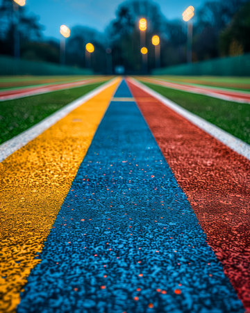 Immerse yourself in the vibrant tapestry of a synthetic running track illuminated by the gentle glow of evening lights Close-up shots reveal the intricate textures and vivid stripes that adorn the track&#39;s surface, capturing the essence of athleticism and competition in an outdoor sports arena AI Generativeの素材
