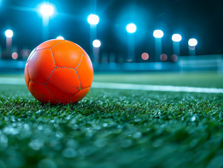 Dynamic nighttime soccer scene pulsates with energy as a vibrant orange ball streaks across the lush artificial turf under the brilliance of towering floodlights The stadium explodes with the enthusiasm of the crowd, capturing the raw essence of soccer&#39;s captivating allure and the electrifying atmosphere of night sports AI Generativeの素材