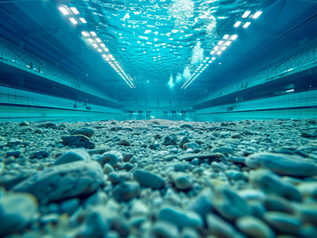 Immerse in the ethereal beauty of an empty swimming pool as its translucent waters reveal the intricate rocky bottom below The pool&#39;s walls glimmer with soft blue light, casting an otherworldly glow on the underwater scene, inviting viewers into a mesmerizing aquatic realm that awaits exploration and discovery AI Generativeの素材