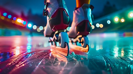 Immerse yourself in the vibrant spirit of winter with this captivating image of ice skates poised on a kaleidoscope of lights The rink ablaze with color invites skating enthusiasts and sports lovers alike to revel in the magic of the season Perfect for capturing the exhilaration of winter sports, this photo evokes the joy of gliding effortlessly across the ice AI Generativeの素材