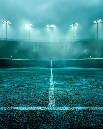 An ethereal scene of an abandoned tennis court at dusk, enveloped in a mystical fog that creates a haunting and desolate atmosphere The towering stadium lights cast an eerie glow on the empty stands, evoking a sense of forgotten glory and captivating the viewer with its enigmatic allure AI Generativeの素材