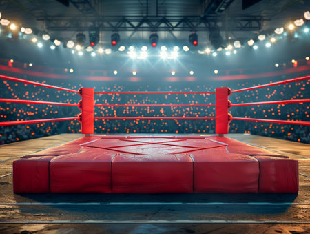 Capture the riveting atmosphere of an empty wrestling ring beneath the brilliance of arena lights Its vast expanse anticipates the fervor of fierce matches and thunderous cheers that will ignite championship clashes Like a boxing ring, this stage embodies the anticipation of epic battles, promising an electrifying spectacle for the waiting crowd AI Generativeの素材