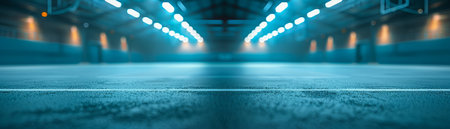 An awe-inspiring panorama of an indoor basketball court bathed in the glow of industrial-chic lighting The vast expanse is defined by sleek metal beams and exposed brickwork, creating a dynamic backdrop for the action-packed court The modern lighting setup illuminates the space with precision, casting sharp shadows that accentuate the architectural details and the athleticism of the players AI Generativeの素材