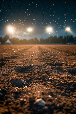 Witness athleticism and ethereal beauty collide! Capture stunning moments under the glow of stadium lights on a gravel field As particles dance in the air, an enchanting atmosphere is created, perfect for capturing the essence of sports and the magic of the night AI Generativeの素材
