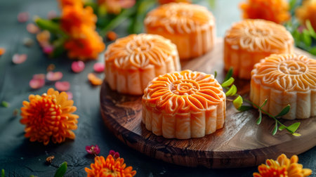 Capture the essence of autumn with this enchanting arrangement featuring delectable mooncakes adorned with vibrant seasonal flowers Nestled on a rustic wooden board, these culinary delights are perfect for celebrating special occasions, festivals, or creating stunning culinary photography that evokes the warmth and joy of the season AI Generativeの素材