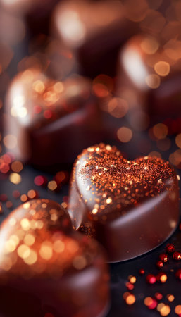 Decadent Chocolate Hearts A Tempting Display of Rich Cocoa Creations with a Touch of Sparkling Gold for Celebrations, Valentine&#39;s Day, Weddings, and Special Occasions AI Generativeの素材
