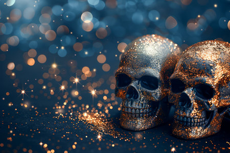 Adorned with shimmering glitter, these ethereal skulls captivate with a fusion of festive allure and enigmatic charm Their sparkling surface reflects light, creating an enchanting illusion that weaves a tapestry of mystery and elegance Perfect for adding a touch of intrigue and artistic brilliance to any celebration, these glimmering skulls embody the perfect balance between the macabre and the magnificent AI Generativeの素材