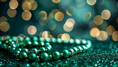 Captivating emerald beads shimmer on a sparkling surface, casting an ethereal glow The rich green hue radiates elegance, while the intricate cuts create dazzling reflections A bokeh background enhances the allure, creating a mesmerizing atmosphere that exudes glamour and sophistication AI Generativeの素材