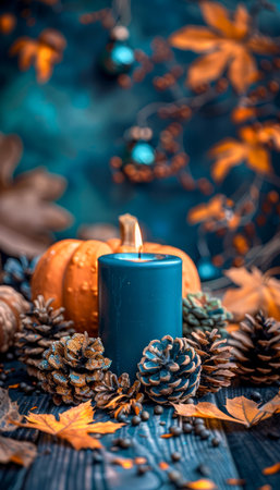 Capture the essence of autumn&#39;s tranquility in this captivating scene A flickering candle casts a warm glow, illuminating vibrant fall foliage, rustic pumpkins, and aromatic pine cones The rich hues and textures of the season envelop the senses, creating an inviting and cozy atmosphere perfect for relaxation and comfort during the enchanting autumn months AI Generativeの素材