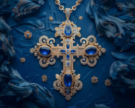 This magnificent gold cross showcases intricate floral patterns and gleaming metallic embellishments in a striking blue and gold color scheme The cross is adorned with sparkling blue gemstones, adding a touch of ethereal beauty The richly textured background enhances the overall depth and dimension of the piece, creating a captivating focal point for any setting AI Generativeの素材