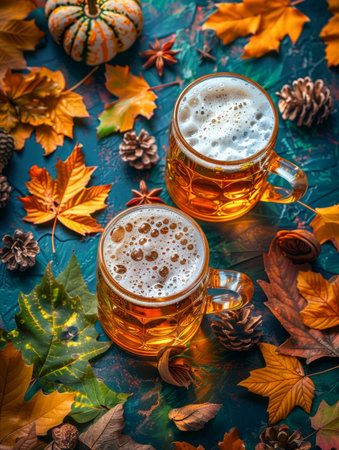 Capture the spirit of autumn with this vibrant harvest scene A cornucopia of seasonal produce, including pumpkins, apples, and gourds, overflows with a bounty of colors Rustic decorations, such as pine cones and colorful leaves, add a touch of coziness to the setting The centerpiece of the display is a selection of craft beers, perfect for toasting the season&#39;s bounty The warm glow of candlelight and the gentle scent of autumn leaves create an inviting ambiance, perfect for gathering with friends and family to celebrate the harvest AI Generativeの素材