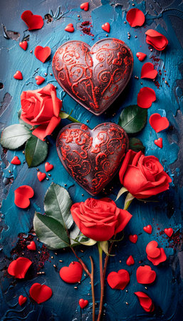 Romantic Red Roses and Heart Shaped Chocolates on Blue Background with Petals, Perfect for Valentine's Day, Weddings, Anniversaries, or Love Themed Celebrations and Artistic Photographs AI Generativeの素材