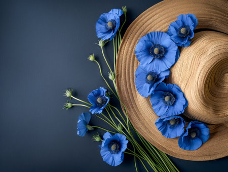 Immerse yourself in nature&#39;s embrace with this exquisite flat-lay composition A vibrant straw hat rests upon a dark background, adorned with vibrant blue flowers The contrasting colors and textures create a captivating visual narrative that evokes the tranquility of nature and the artistry of botanical wonders Perfect for nature enthusiasts and those who appreciate the beauty of the outdoors AI Generativeの素材