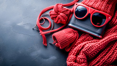 Indulge in cozy winter vibes with this captivating image showcasing a stylish red wool knitwear, complementing sunglasses, and a steaming cup of coffee amidst a dark textured background This scene evokes a warm and inviting ambiance, perfect for inspiring holiday season fashion and inspiring festive lifestyle choices Immerse yourself in the comfort and joy of winter with this captivating image AI Generativeの素材