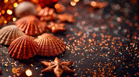 Celebrate the festive season with an enchanting holiday background featuring shimmering glitter, delicate seashells, and starfishes This captivating design evokes the magic of Christmas and the joy of New Year celebrations, providing the perfect backdrop for your holiday memories and creating a warm and inviting atmosphere for your festive gatherings AI Generativeの素材