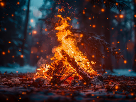 Immerse yourself in the captivating glow of an enchanting winter bonfire Amidst snow-laden trees, a cozy campfire crackles, casting ethereal warm light Floating embers dance like fireflies in the crisp night air, creating a mesmerizing ballet of light and shadows Escape into this tranquil wilderness, where nature&#39;s symphony of warmth and serenity soothes the soul AI Generativeの素材