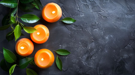 Escape into a tranquil haven with this serene image Four candles flicker gently, casting a warm glow amidst fresh green leaves The dark textured background evokes a sense of mystery and depth, inviting you to surrender to relaxation, meditation, or a moment of holistic wellness This tranquil setting offers a sanctuary for your senses, fostering peace and rejuvenation AI Generativeの素材