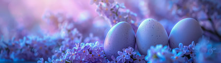 &quot;Pastel Easter eggs lie nestled amidst delicate spring blossoms, forming a serene composition Their ethereal hues of purple and blue evoke the renewal and rebirth of the season, creating a dreamy and enchanting atmosphere&quot; AI Generativeの素材