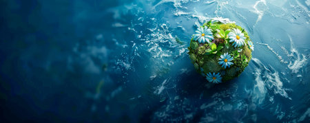 This striking image depicts a flourishing Earth, thriving with verdant nature amidst vast oceans and pristine skies, symbolizing our aspirations for a harmonious and sustainable future AI Generativeの素材