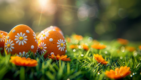 Capture the vibrant spirit of Easter with this enchanting photograph Colorful eggs adorned with delicate white daisies nestle amidst a sunlit spring meadow, surrounded by vibrant orange blooms and lush green grass This idyllic scene embodies the joy of the season, providing the perfect backdrop for festive celebrations and heartwarming memories AI Generativeの素材