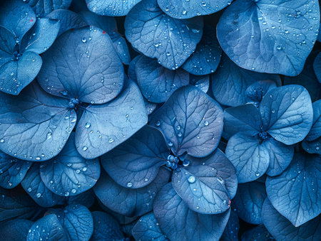 Immerse yourself in the ethereal beauty of a close-up photograph of blue hydrangea petals adorned with crystal-clear water droplets The vibrant blue hues dance across the delicate petals, creating a captivating display of nature&#39;s artistry The droplets shimmer like tiny diamonds, adding a touch of allure to this captivating image, evoking freshness and tranquility AI Generativeの素材