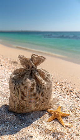 Escape to a tranquil coastal paradise with this serene image A burlap bag and starfish rest gently upon a beach adorned with seashells, inviting you to unwind amidst crystal-clear waters and a sunny blue sky Indulge in nature&#39;s tranquility, perfect for relaxation, vacation inspiration, and a haven for nature enthusiasts AI Generativeの素材